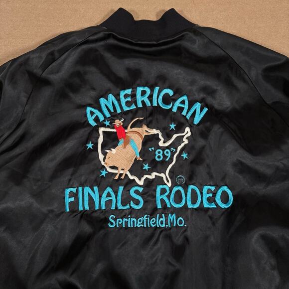 Vintage 1989 American Finals Rodeo Jacket Black Satin Bomber Embroidered Western - Picture 2 of 9